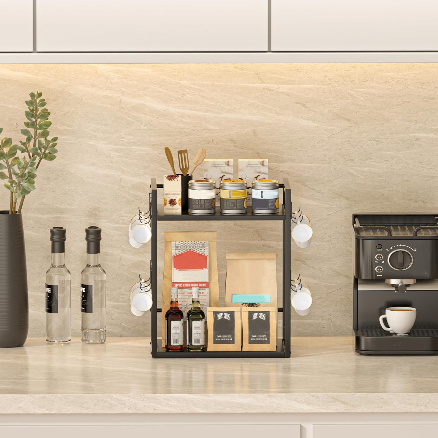 Dorhors 2 Tier Coffee Bar Accessories and Organizer,Multi-functional Mug Holder with 12 Hooks,Wood Coffee Station Organizer,Kitchen Countertop Shelf (Black)