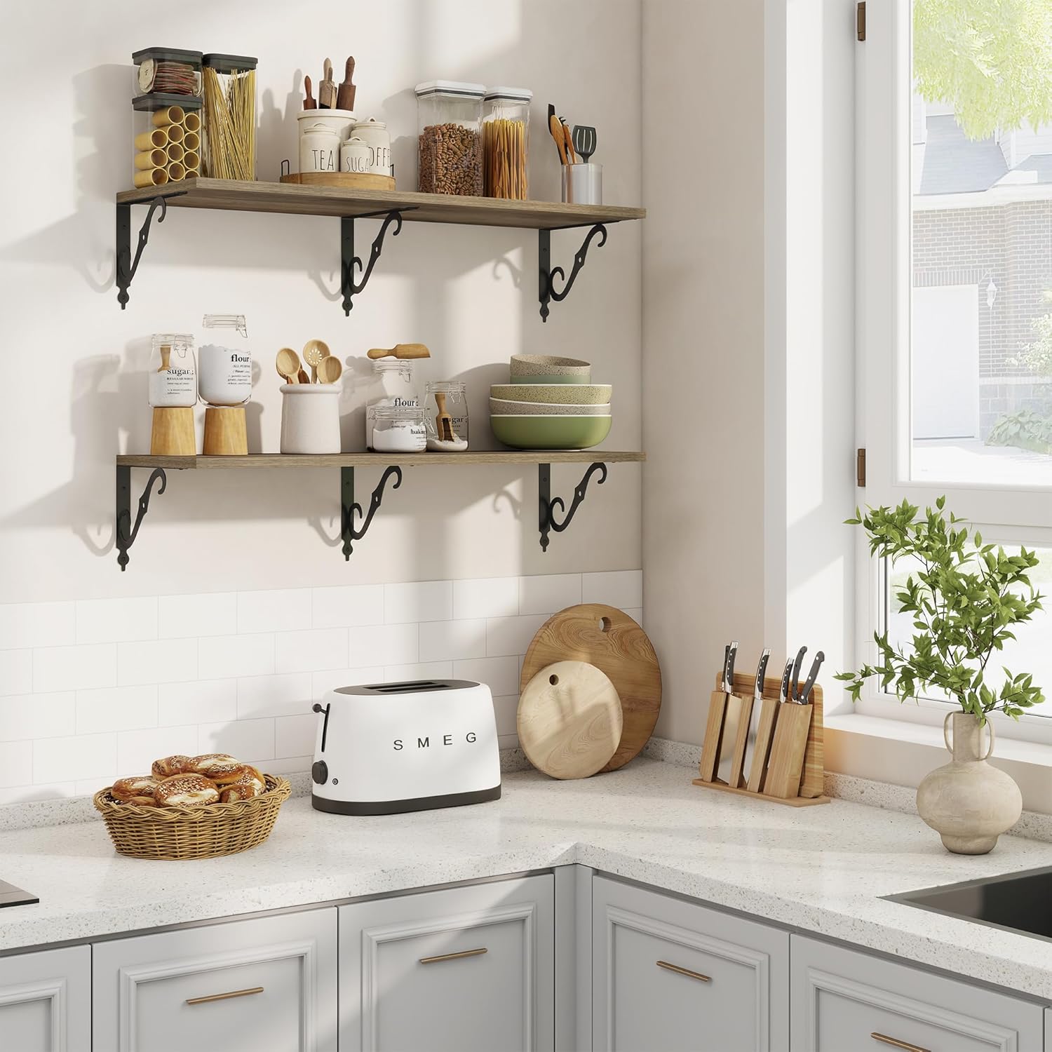 RICHFOCUS 12 Inch Deep Floating Shelves for Wall, 36" W x 12" D Wood Wall Shelves Set of 2, Wide Floating Shelves for Living Room, Bedroom, Kitchen, Bathroom and Decor Storage, Grey