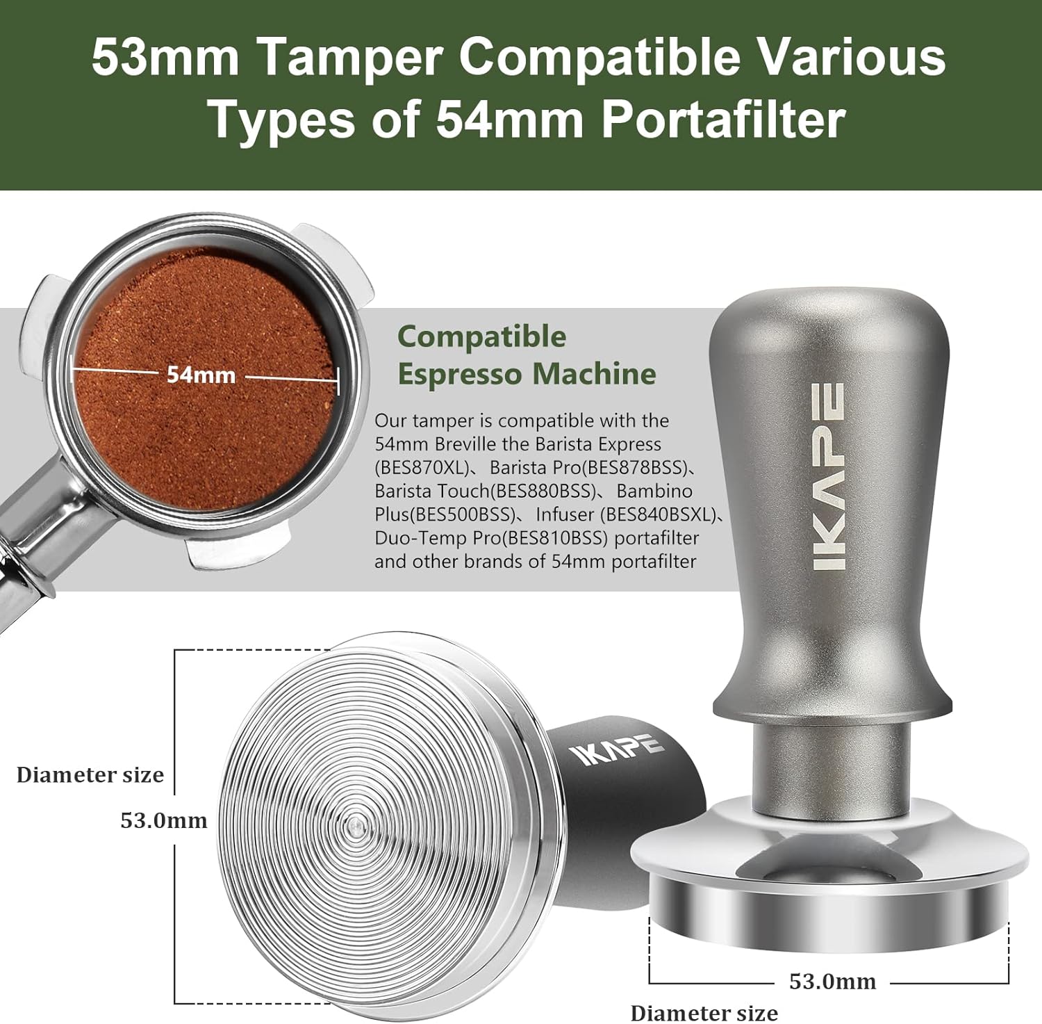 IKAPE 53mm Espresso Tamper, Premium Barista Coffee Tamper with Calibrated Spring Loaded, 100% Flat Stainless Steel Base Tamper Fits for Breville Series 54mm Portafilter Basket