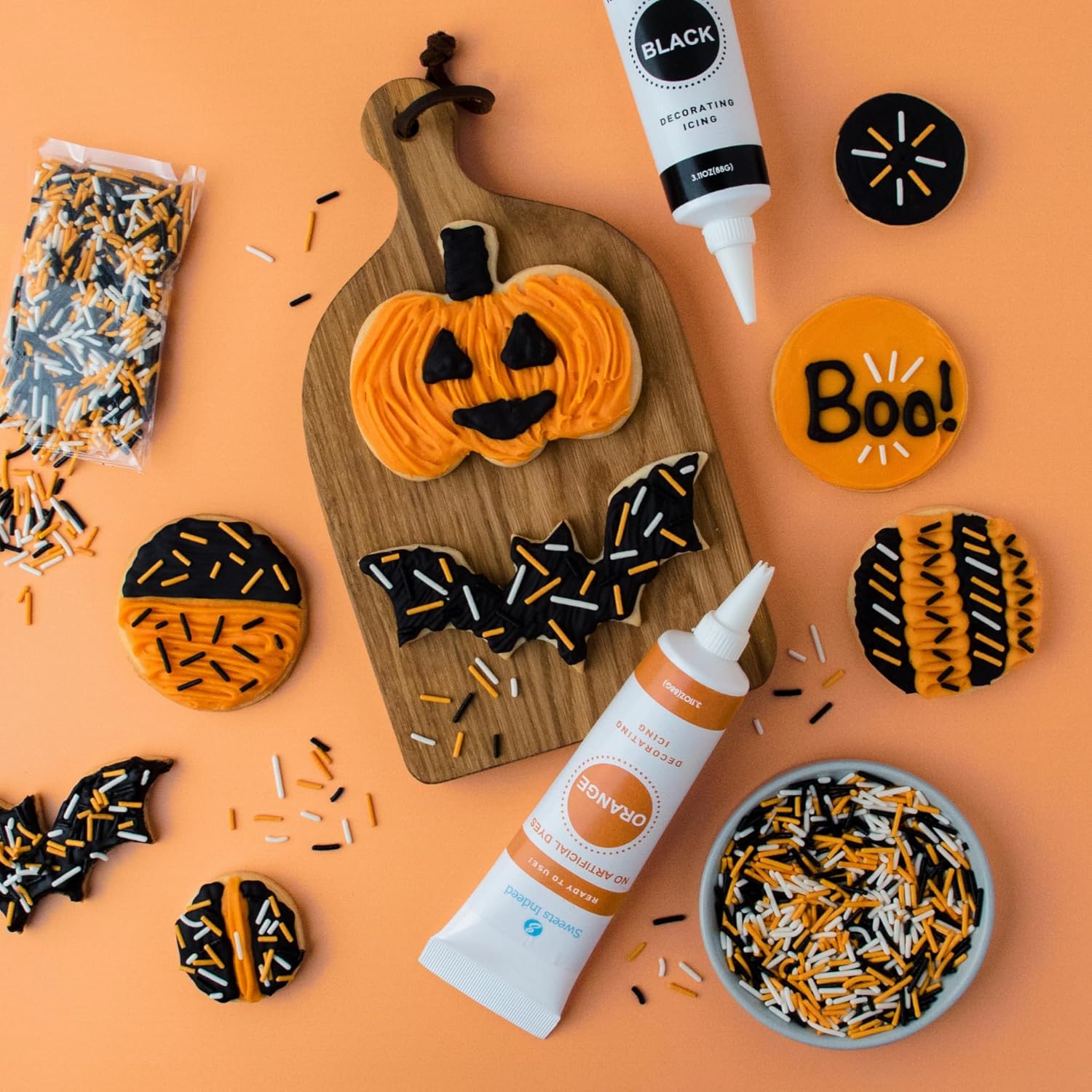 Sweets Indeed Dye-Free Halloween Frosting & Sprinkles Set – 8.22 oz | 2 Frosting Tubes (Orange & Black) + 2 Decorating Tips + 2 oz Sprinkle Mix (Black, Orange & White) | No Artificial Dyes Cupcake & Cookie Decorating Kit