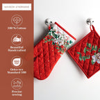 Maison d' Hermine 100% Cotton Oven Mitt & Pot Holder Set (7.5"x13" & 8"x8") Heat Resistant BBQ Cooking Gloves with Loop, Baking, Grilling, Kitchen, Handling Hot Pans (Noel)