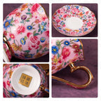 KAMMAK Tea Cups and Saucers Set of 2, Porcelain Coffee Cups with Saucer for Espresso, Cappuccino, 6.3oz Vintage Pink and Yellow Ceramic Demitasse Mug for Home, Tea Party, Office