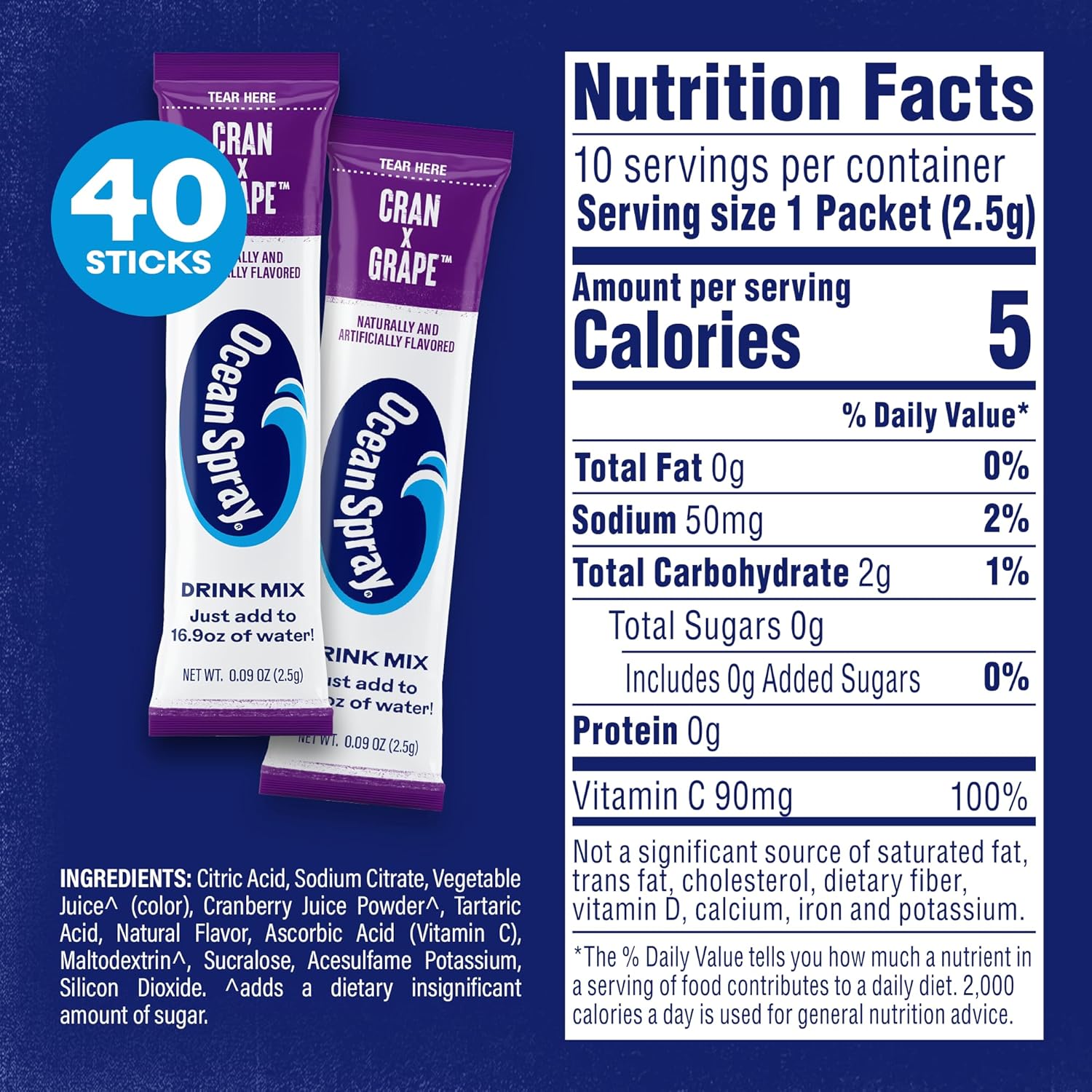 Ocean Spray® Cran-Grape™ Zero Sugar Powder Drink Mix Packets with Real Cranberry Juice Powder, 100% Vitamin C, No Synthetic Dyes, Juicy Mixes (40ct)