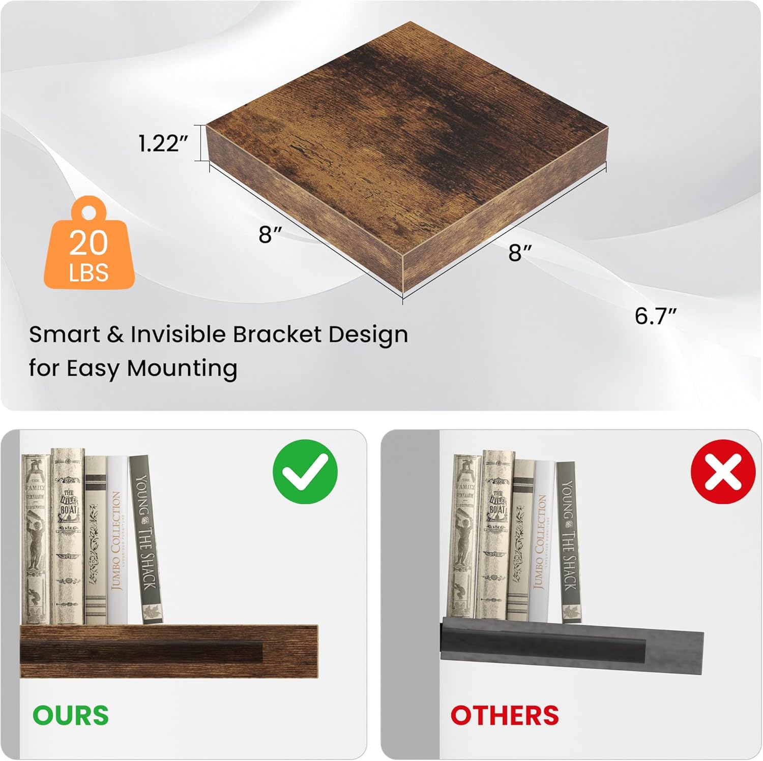 Square Floating Shelves for Wall, 8"W x 8"D x 1.2"H, Small Wooden Wall Mounted Display Shelves with Invisible Brackets for Living Room, Bedroom, Bathroom, Kitchen Decor, Set of 4, Rustic Brown