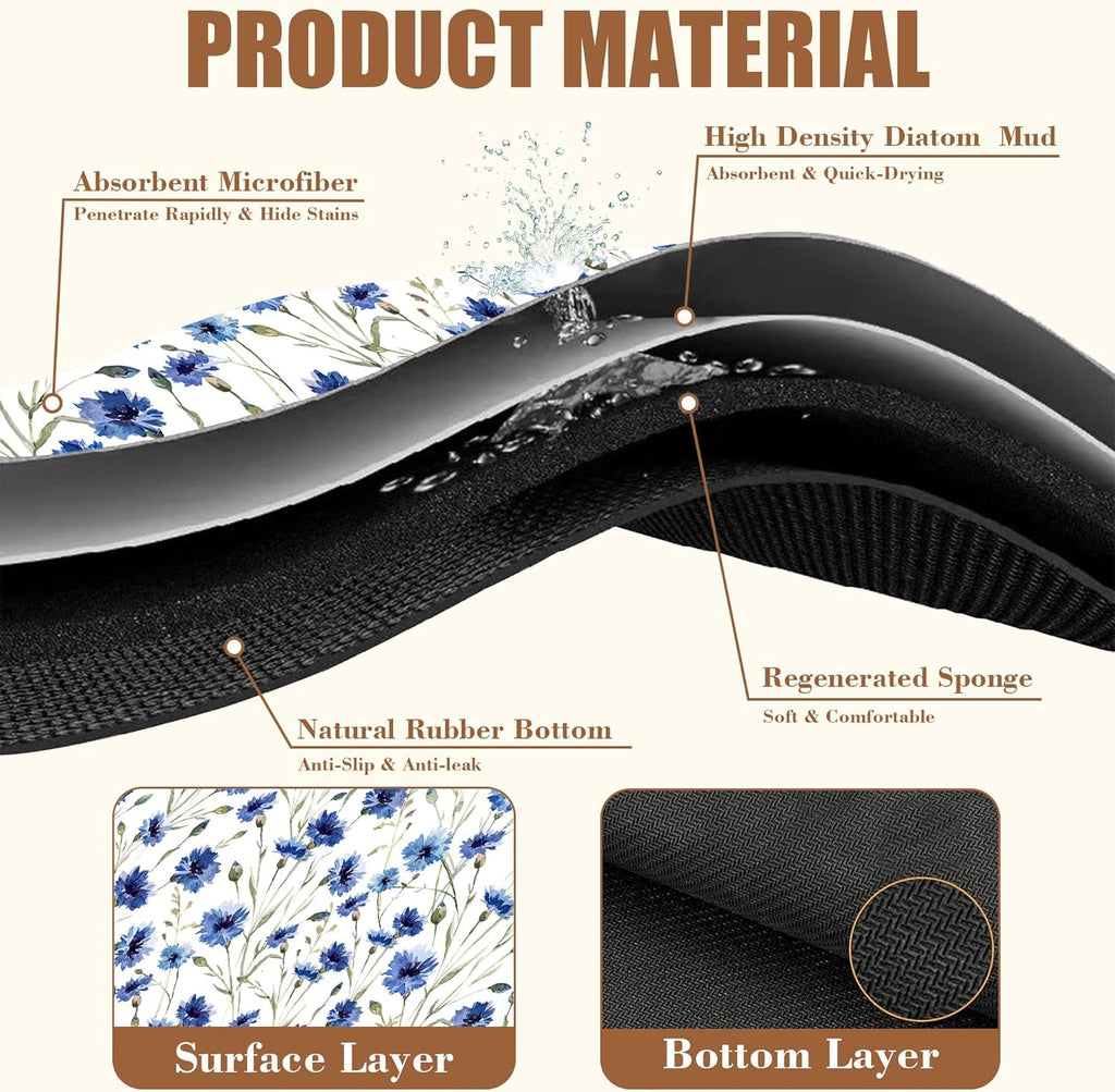 Watercolor Blue Cornflower Dish Drying Mat for Kitchen Counter Floral Coffee Bar Mat Hide Stain Absorbent Rubber Backed Drying Rack Pad Coffee Pot Espresso Machine Table Accessories 11.8 x 19.7 Inch