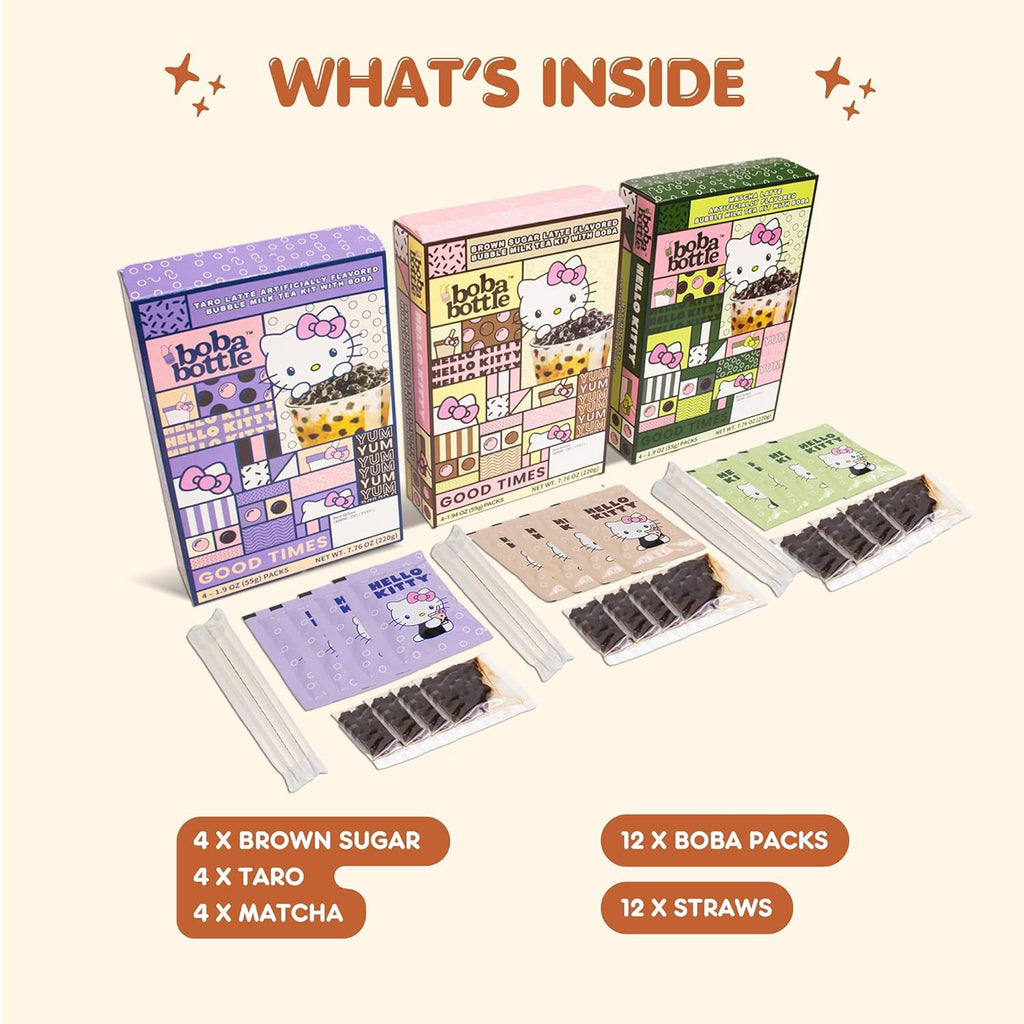 Hello Kitty Instant Boba Milk Tea Variety Kit, Brown Sugar, Taro, Match Flavor, with Taiwan Tapioca Pearls, Paper Straws Included (12 Servings)
