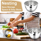 E-far Mixing Bowls with Lids, 6-Piece Stainless Steel Salad Bowls Metal Nesting Bowls for Baking Cooking and Prepping, Airtight Lids & Stackable Design, Size 4.5, 3, 1.5 QT (Khaki)