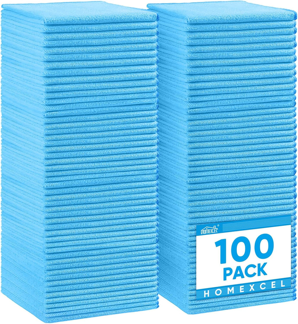 HOMEXCEL Blue Microfiber Cleaning Cloth, 100 Pack Cleaning Towels for Kitchen, Lint Free, Scratch-Free, Highly Absorbent, and Reusable Cleaning Rags for House, Window and Glass, Cars, 11.5 X11.5 inch