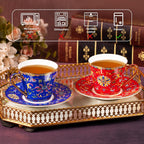 KAMMAK Tea Cups and Saucers Set of 2, Porcelain Coffee Cup with Saucer for Espresso, Cappuccino, 8oz Vintage Red and Blue Ceramic Demitasse Mug for Home, Tea Party, Office