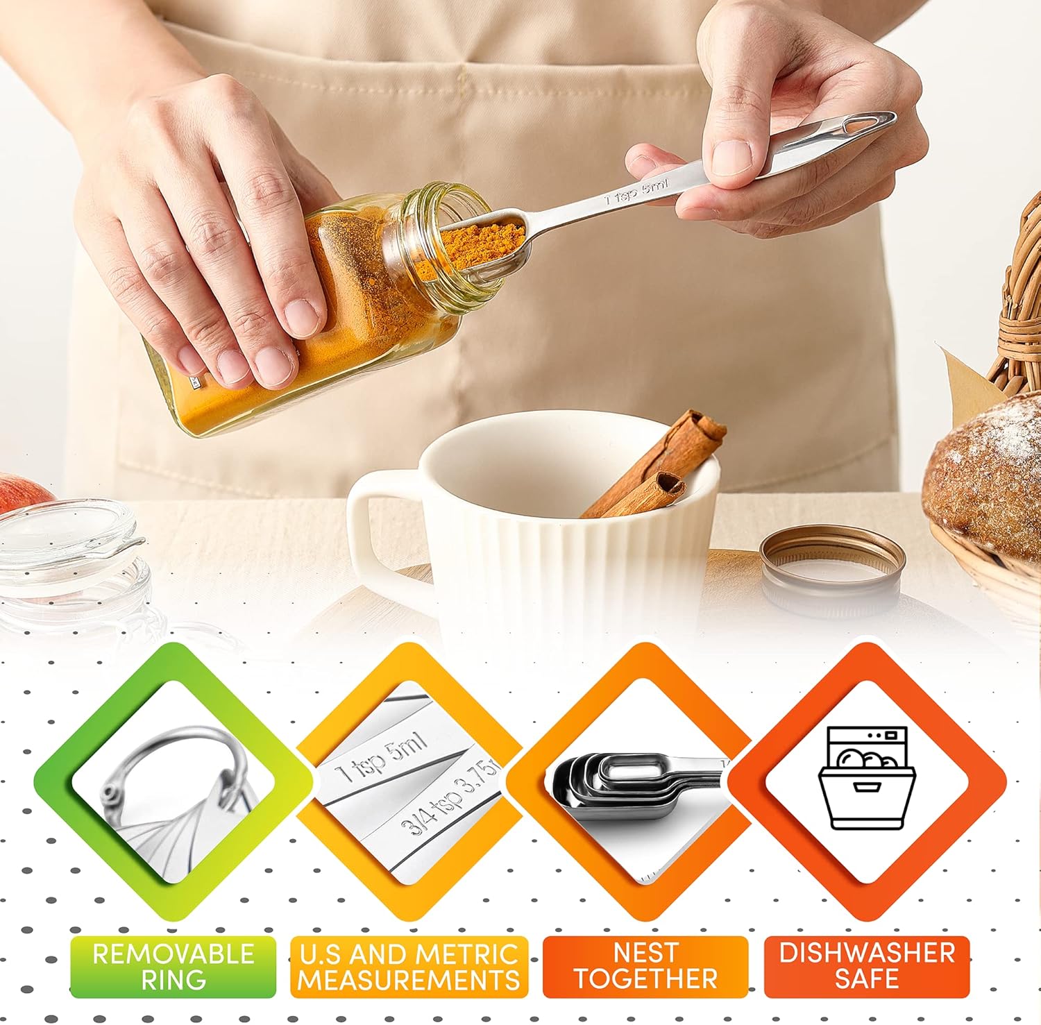 Spring Chef Stainless Steel Measuring Spoons Set of 6 with Leveler, Rectangular Metal Teaspoon & Tablespoon Measuring Spoons for Dry & Liquid Ingredients - Nesting Kitchen Gadgets For Baking & Cooking