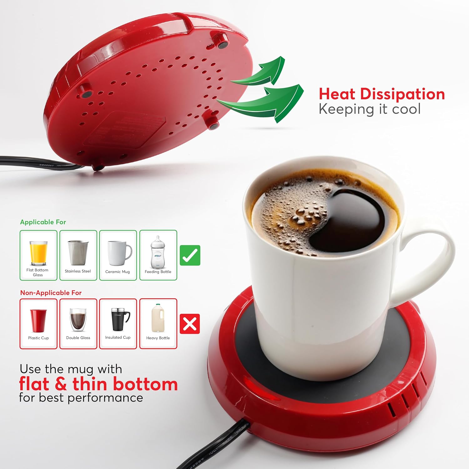 Large Candle Warmer Plate Safely Releases Scents Without a Flame - Used as Candle Jar & Coffee Warmer for Home & Office, 1 Pack, Red