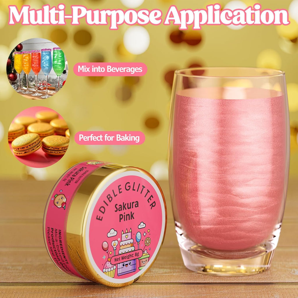 Nomeca Edible Glitter for Drinks Cakes, 8 grams Food Grade Luster Dust Sprinkles Glitter for Cake Decorations, DIY Cocktails, Beverages & Cake Decorating, Dessert Cake Topper (5-Sakura Pink)