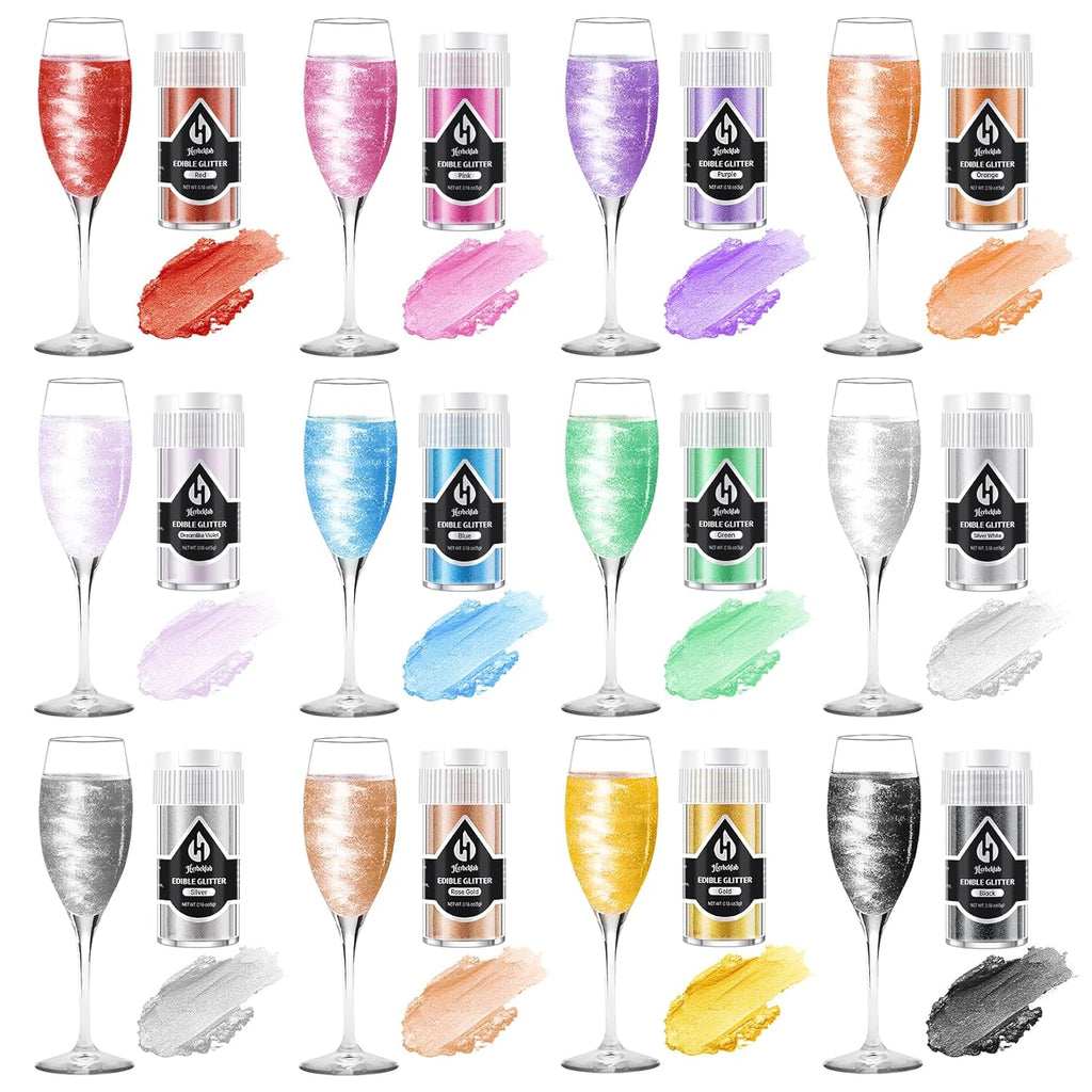 Edible Glitter for Cocktails - 12 Colors Herbeklab Luster Dust Edible Drink Glitter Food Grade Metallic Shimmer Powder Cake Sprinkles for Beverage Chocolate Candy, 5g/Bottle