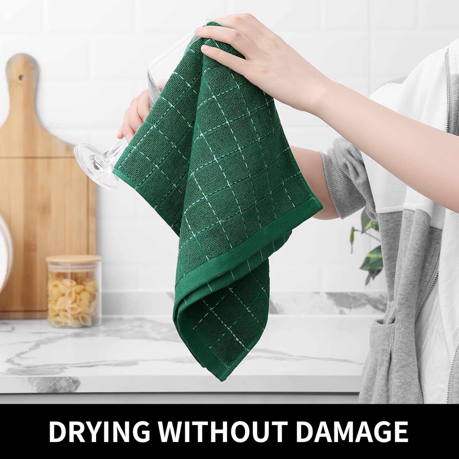 Homaxy 100% Cotton Terry Kitchen Towels(Dark Green, 13 x 28 inches), Checkered Designed, Soft and Super Absorbent Dish Towels, 6 Pack