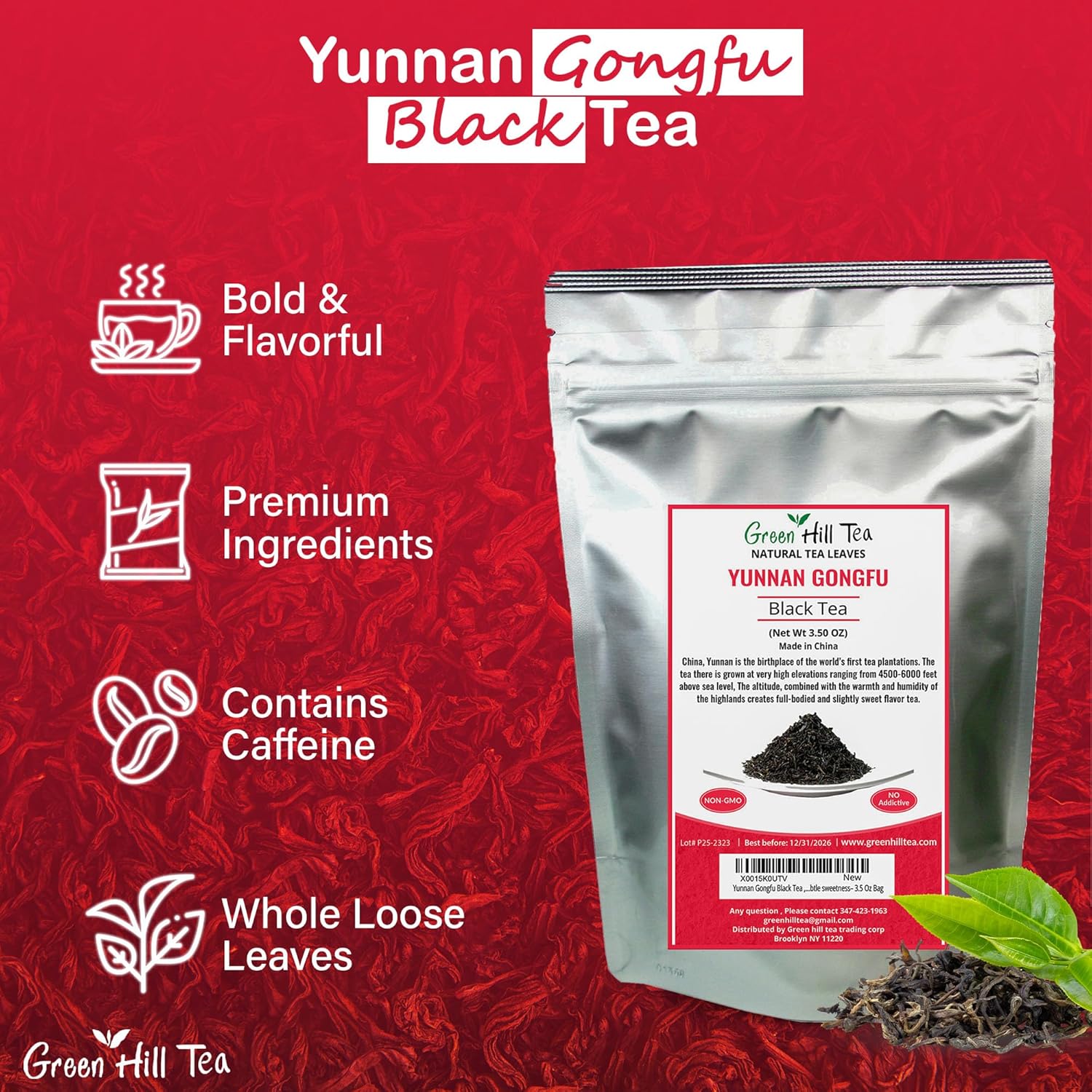 Yunnan Gongfu Black Tea , Natural Black Tea with Excellent fullness with subtle sweetness– 3.5 Oz Bag