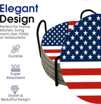 USA American Flag United States Round Coasters Set of 6 - Abosrbent Ceramic with Metal Stand for Drinks, Coffee, Non-Slip Cork Back for Tabletop Protection, 4 Inches (Old Glory)