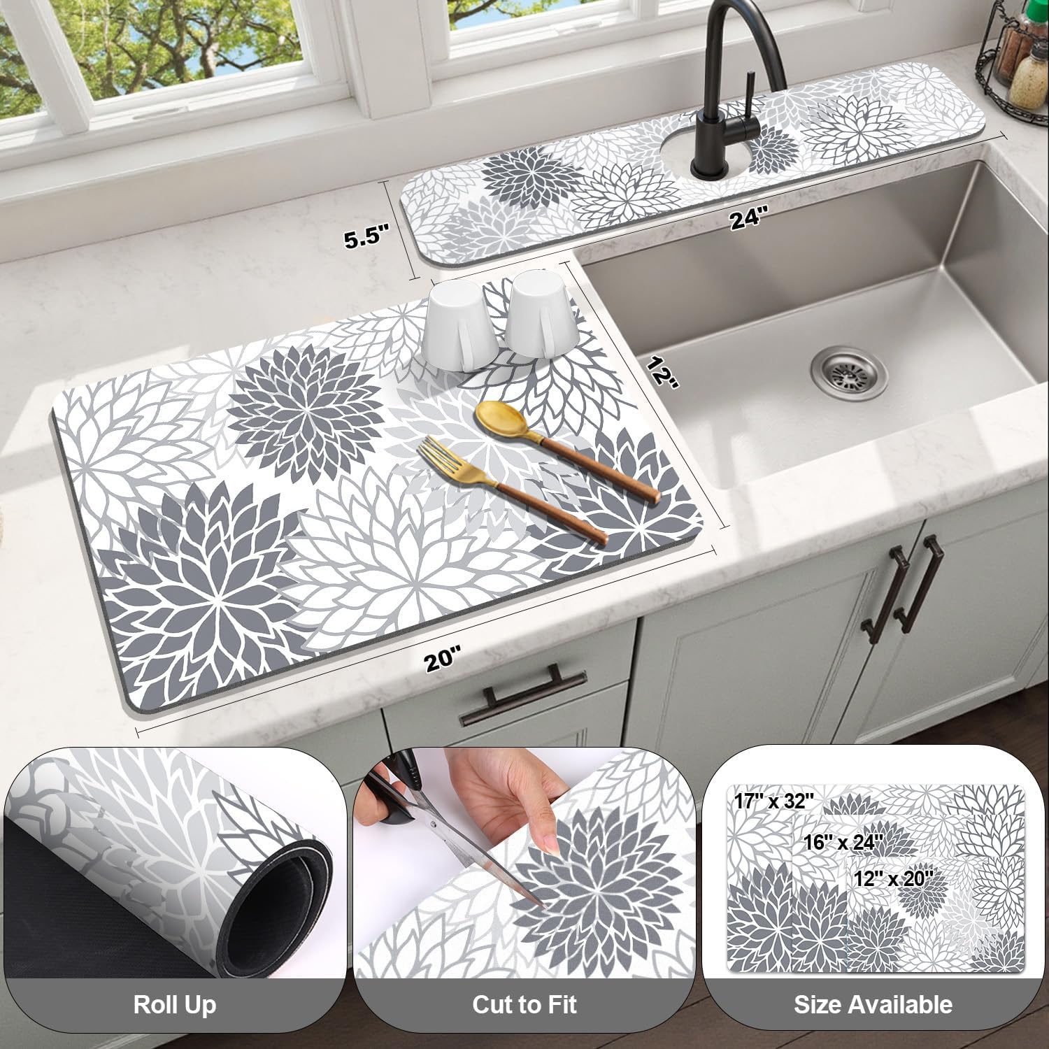 Findosom 2PCS 12" x 20" Dish Drying Mat & 24" x 5.5" Sink Splash Guard, Super Absorbent & Cuttable Dish Mat Drying Kitchen Mat with Gray Floral, Hide Stain Drying Mat for Kitchen Counter