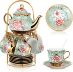 Zhehao 20 Pcs Porcelain Tea Set with Metal Holder and Spoon Adult Ceramic Tea Party Set European Flower Painting Teapot Cup Saucer Spoon Set for Women, Large Version(Fresh Style)
