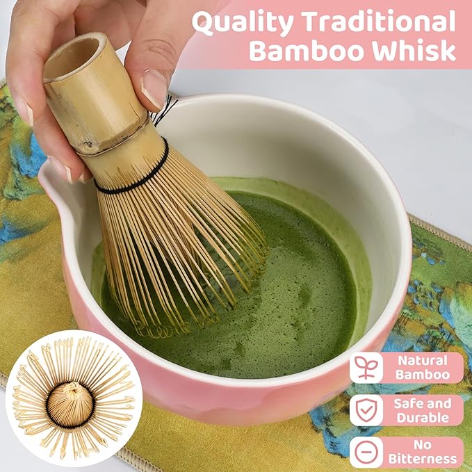 8PCS Matcha Whisk Set, Ceramic Matcha Kit Set Includes Bowl with Spout, Bamboo Spoon, Whisk, Holder, Sifter, Tea Cloth, Scoop and Scoop Stand (Hammered Gradient Pink and White)