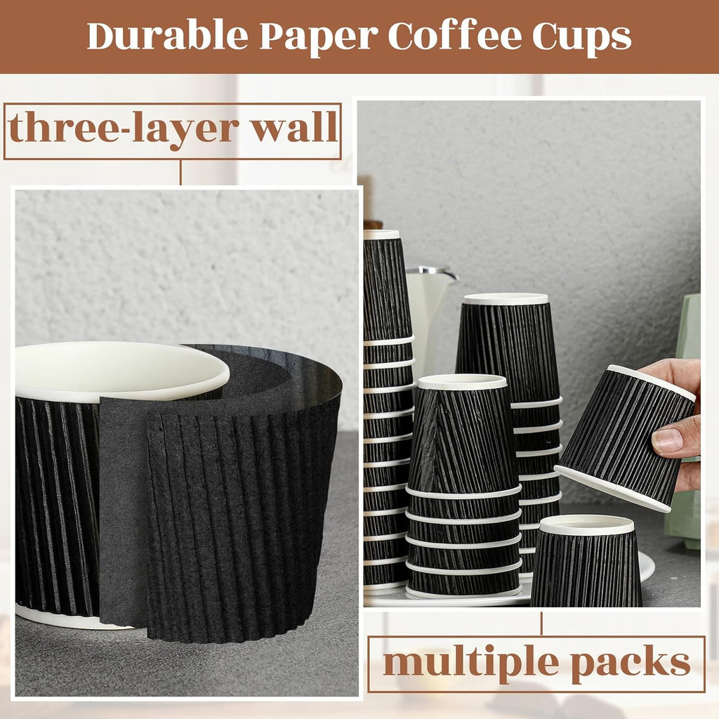 Yaomiao 200 Pcs 4 oz Disposable Espresso Coffee Cups Ripple Corrugated Paper Insulated Hot Cups for Party Cold Drinks Hot Beverage Tea(Black)