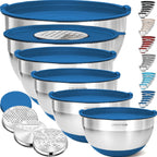 Priority Chef 6Pc Large Mixing Bowls With Lids Set with Non-Slip Bases, Stainless Steel Mixing Bowl Set, 6 Airtight Lids and 3 Graters, Blue