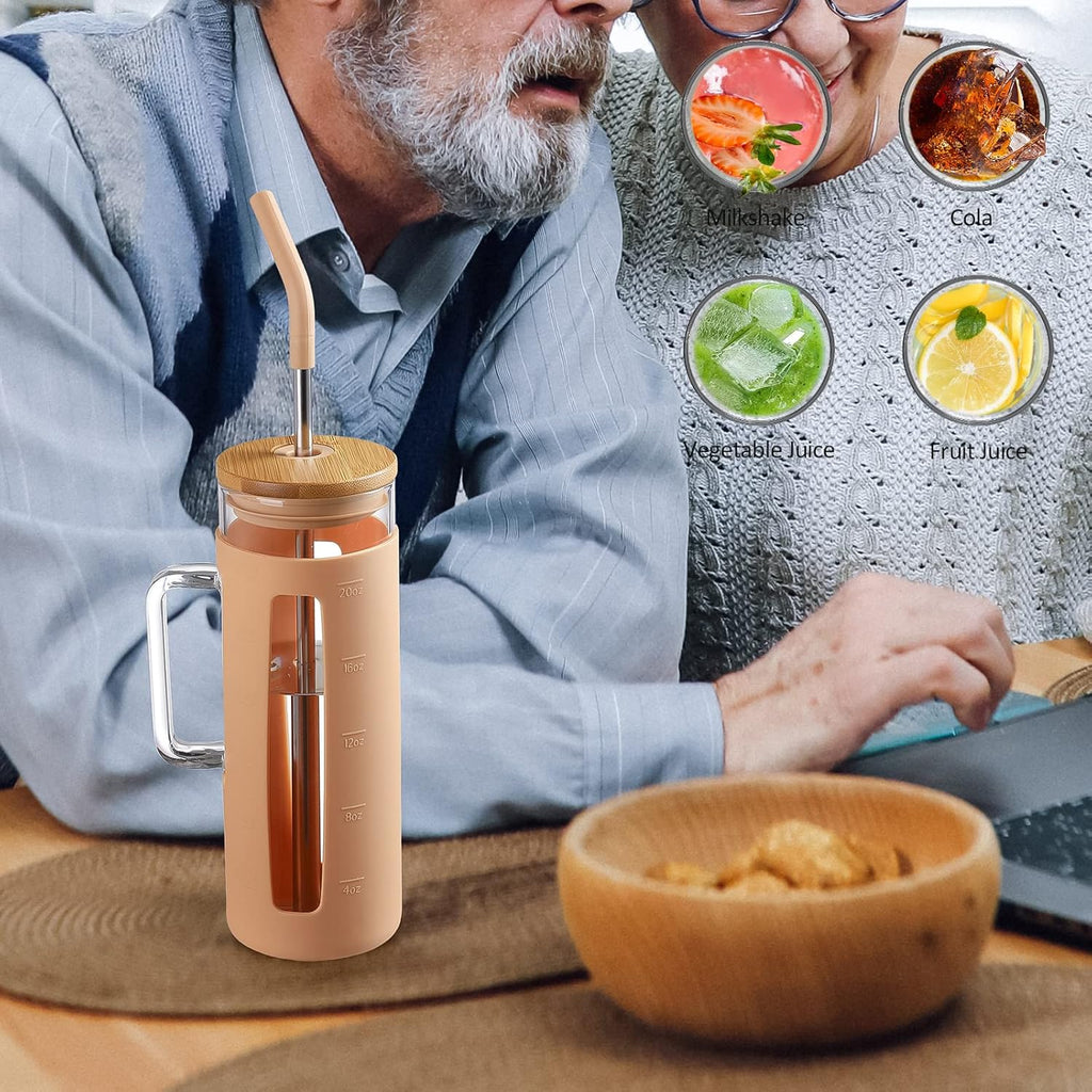 Kodrine Glass Tumbler with Lid and Straw, 20 oz Glass Coffee Tumbler with Handle, Smoothie Cup with Bamboo Lid, Time Marker, Silicone Sleeve, Reusable Iced Coffee Cup BPA Free - Amber Purple