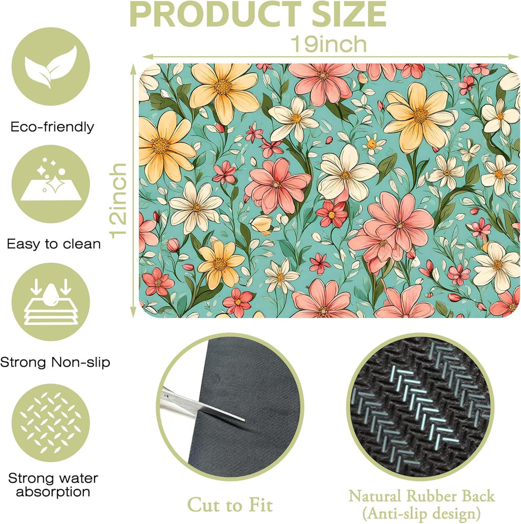 Dish Drying Mat Spring Flower Kitchen Mat 12"x19" Bsorbent Coffee Maker Mat for Dishes,Utensils Coffee Maker Pots and Pans Easy Clean Dish Slip Resistant Pad