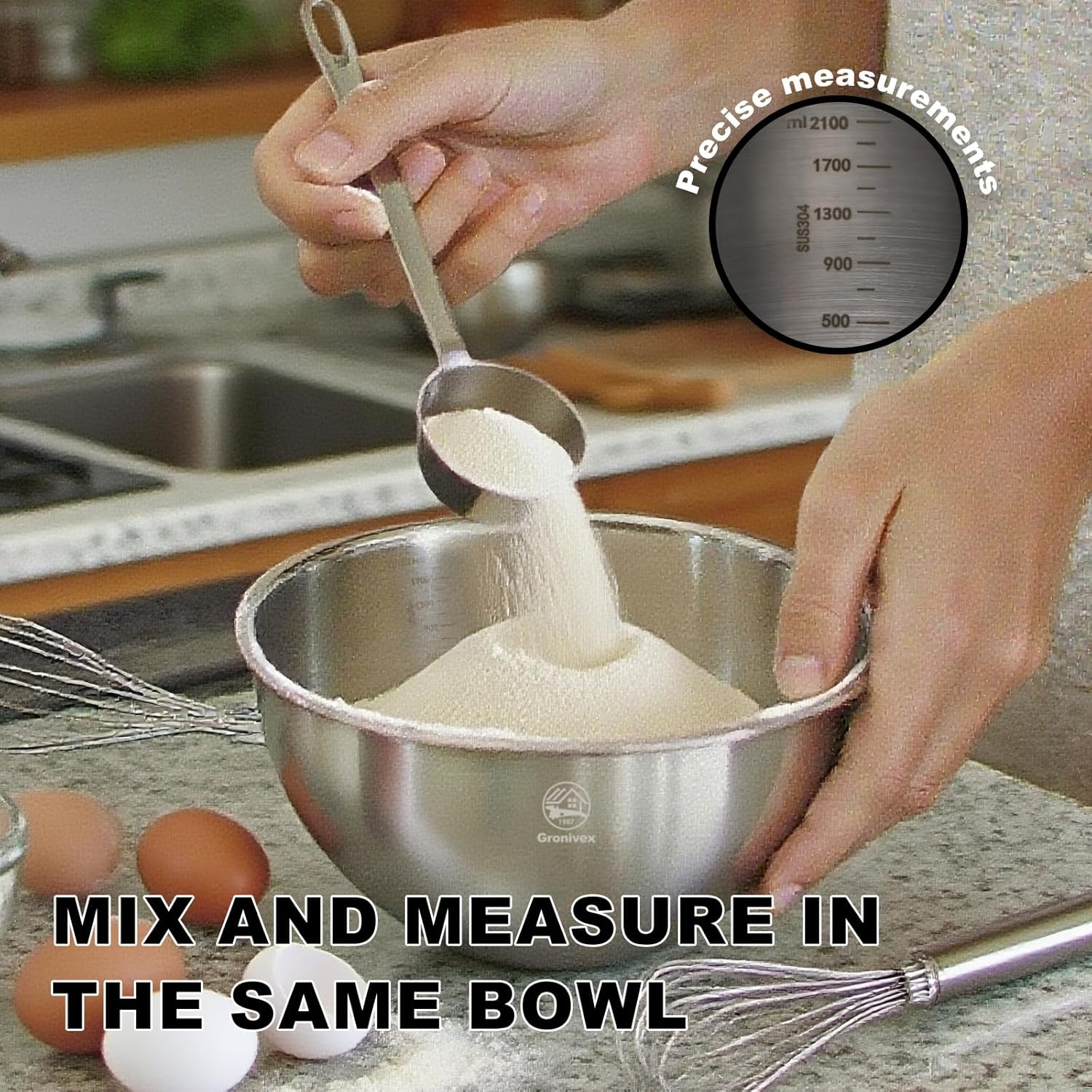 3-Piece Stainless Steel Mixing Bowls Set (6.69" 7.48" 8.27" inch) - Food Grade 304 with Measurement Marks, Dishwasher Safe & Stackable - Perfect for Baking, Salad Making, Meal Prep and Kitchen Use