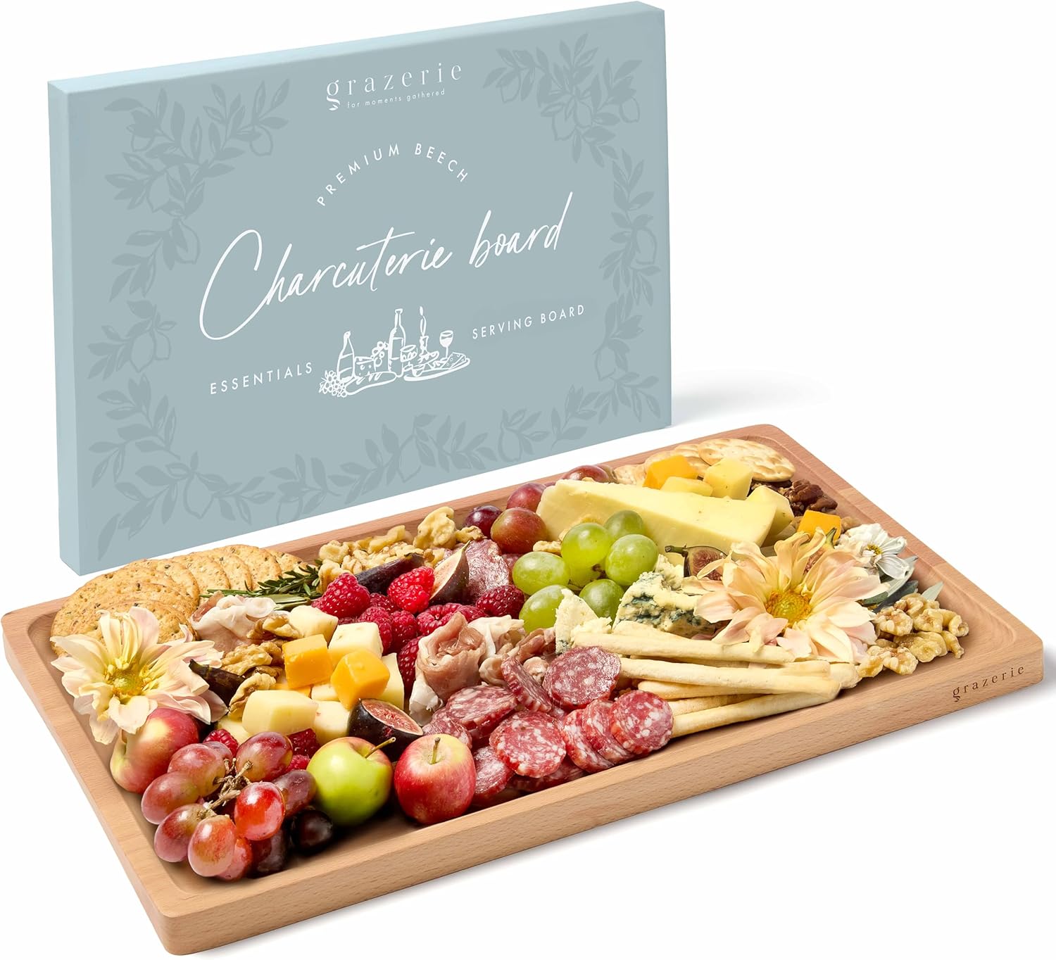 Charcuterie Board - Cheese Board with Grooves & Built-in Handles, Snack Tray for Vegetables, Fruits, Meat, Nuts - Decorative Wooden Serving Tray for Kitchen House Warming Gift
