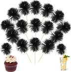 Ephlyn 30Pcs Foil Firework Cupcake Toppers Sparkle Tinsel Cupcake Picks Happy Birthday Cake Decorations Drink Stirrers Cocktail Food Fruit Toothpicks for Baby Shower Graduation Party Supplies Black