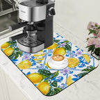 Lemon Fruit and Purple Flower Coffee Mat Absorbent Dish Drying Mat for Kitchen Counter Hide Stain Rubber Backed Coffee Bar Accessories Fit Under Espresso Machine Dish Drainer, 11.8 x 19.7 Inch