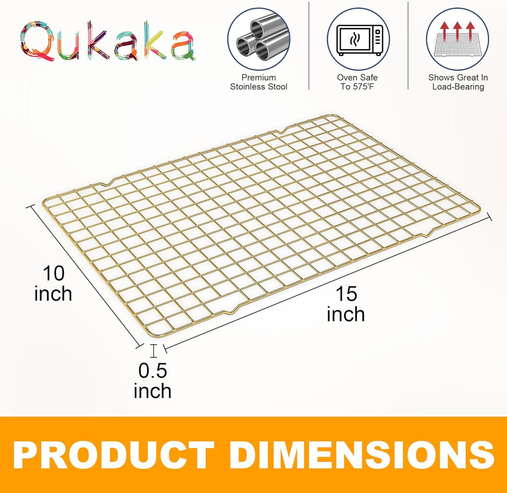 2-Pack Cooling Racks for Cooking and Baking - 10" x 15"Heavy Duty Stainless Steel Wire Rack for Baking, Grilling, Roasting - Oven & Dishwasher Safe - Fits Jelly Roll Sheet Pan（Gold）