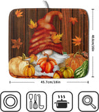 Fall Gnome Dish Drying Mat for Kitchen Counter,Autumn Pumpkin Maple Leaves Drying Mat 16 x 18 Inch Microfiber Dark Brown Wood Dish Drying Pad Dish Rack Drainer Mat Thanksgiving Day Decor