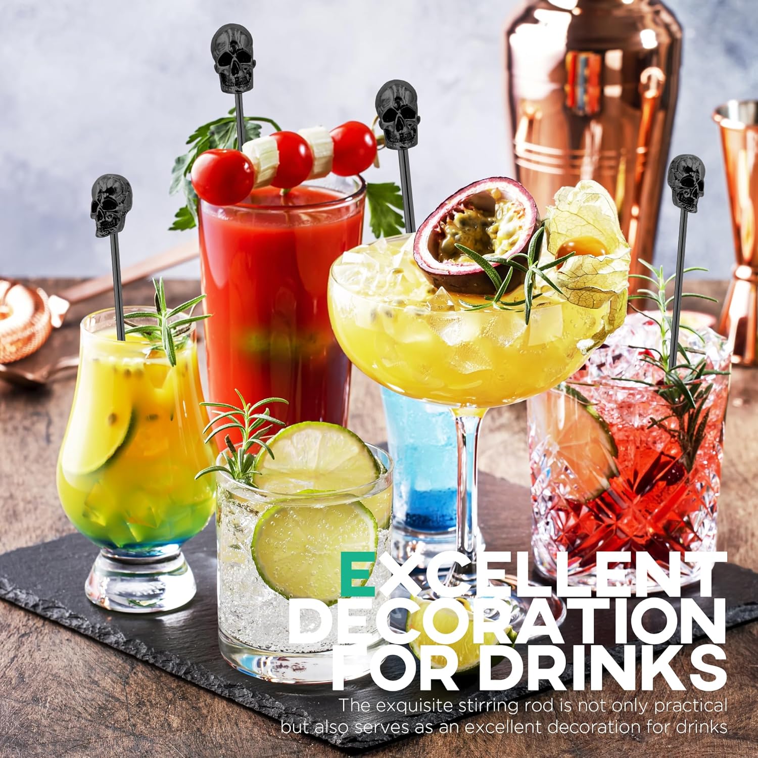 Homestia 6Pcs Skull Swizzle Sticks 7.5inch Coffee Stirrers Reusable Stainless Steel Beverage Cocktail Stirrer for Bar Halloween Party Mixing Drinks (Black)