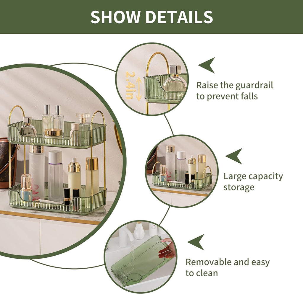 YCIA&DONE Bathroom Organizer Countertop, Makeup Storage, Skincare Cosmetic Tray Shelf, Perfume Holder Rack for Vanity Counter, Large Capacity, Easy to Install, Clean, 2 Tiers, Vintage Green