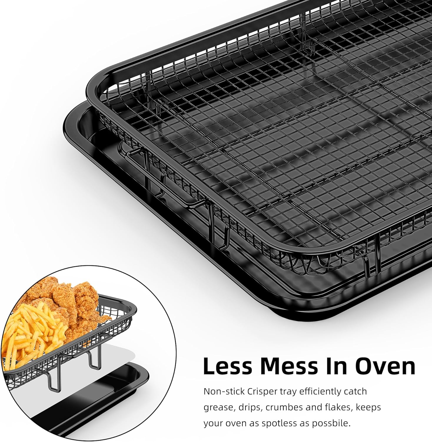 Air Fryer Basket for Oven, OPENICE 18.6" x 12.8" Air Fryer Basket and Tray Set, Extra Large Stainless Steel Air Fryer Pan Crisper Tray for Crisping Fried, Chicken, Bacon - Black