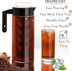 Mixpresso Cold Brew Maker For Iced Coffee and Iced Tea, Cold Coffee Maker Glass Pitcher, Tea Infuser For Loose Leaf Tea, 44oz Large Ice Tea Brewer with Easy to Clean Reusable Mesh Filter.