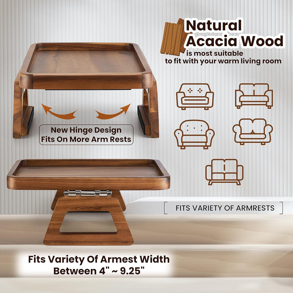 Tinamo Acacia Couch Arm Table - Wooden Sofa Armrest Tray - Clip-on Tray for Wide Couch - Side Table for Eating & Drink (Acacia)