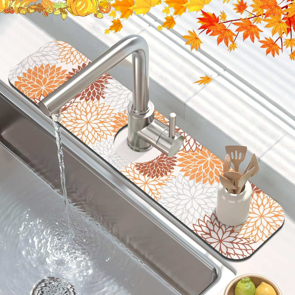Findosom 2PCS 16" x 24" Fall Dish Drying Mat & 24" x 5.5" Sink Splash Guard, Super Absorbent & Cuttable Dish Mat Drying Kitchen Mat with Orange Floral, Hide Stain Drying Mat for Kitchen Counter