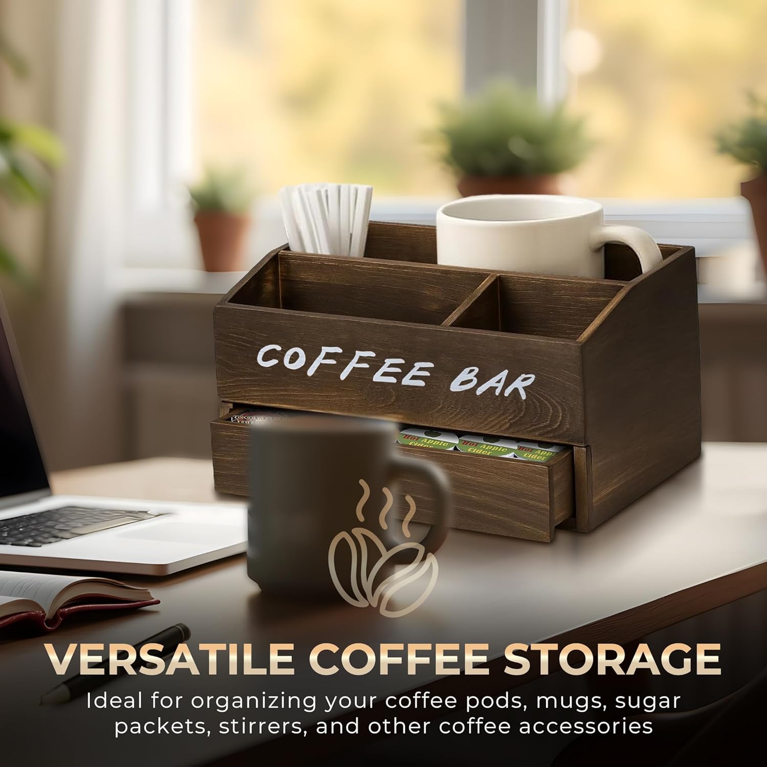 Coffee Station Organizer for Countertop with Pod Storage Drawer - Coffee Bar for Home, Kitchen, Dining Area, Office & Breakroom - Natural Wood, 3 Compartments, 2-tier, Rustic Brown