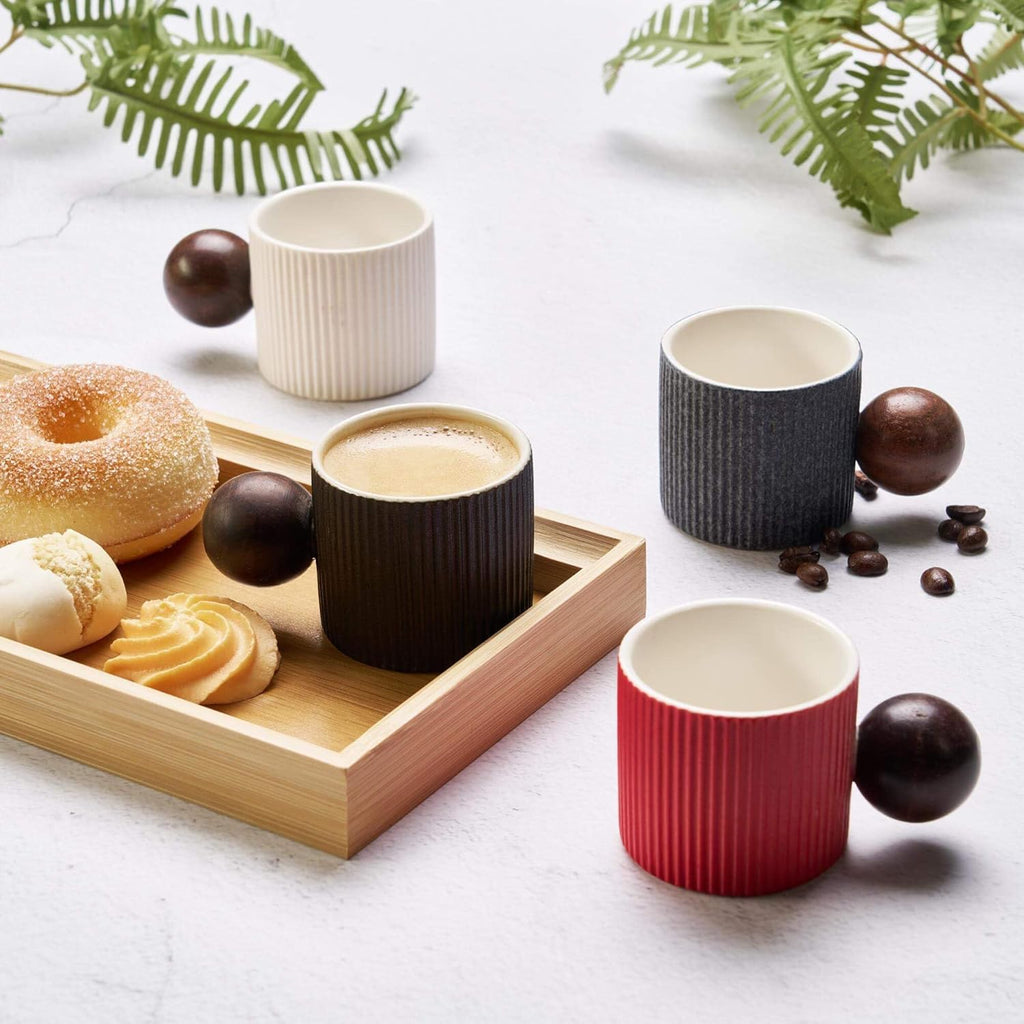 Ceramic Mini Espresso Cups Demitasse Cups with Round Wooden Handle Vertical Stripes Tea Cups (gray, 4pcs)