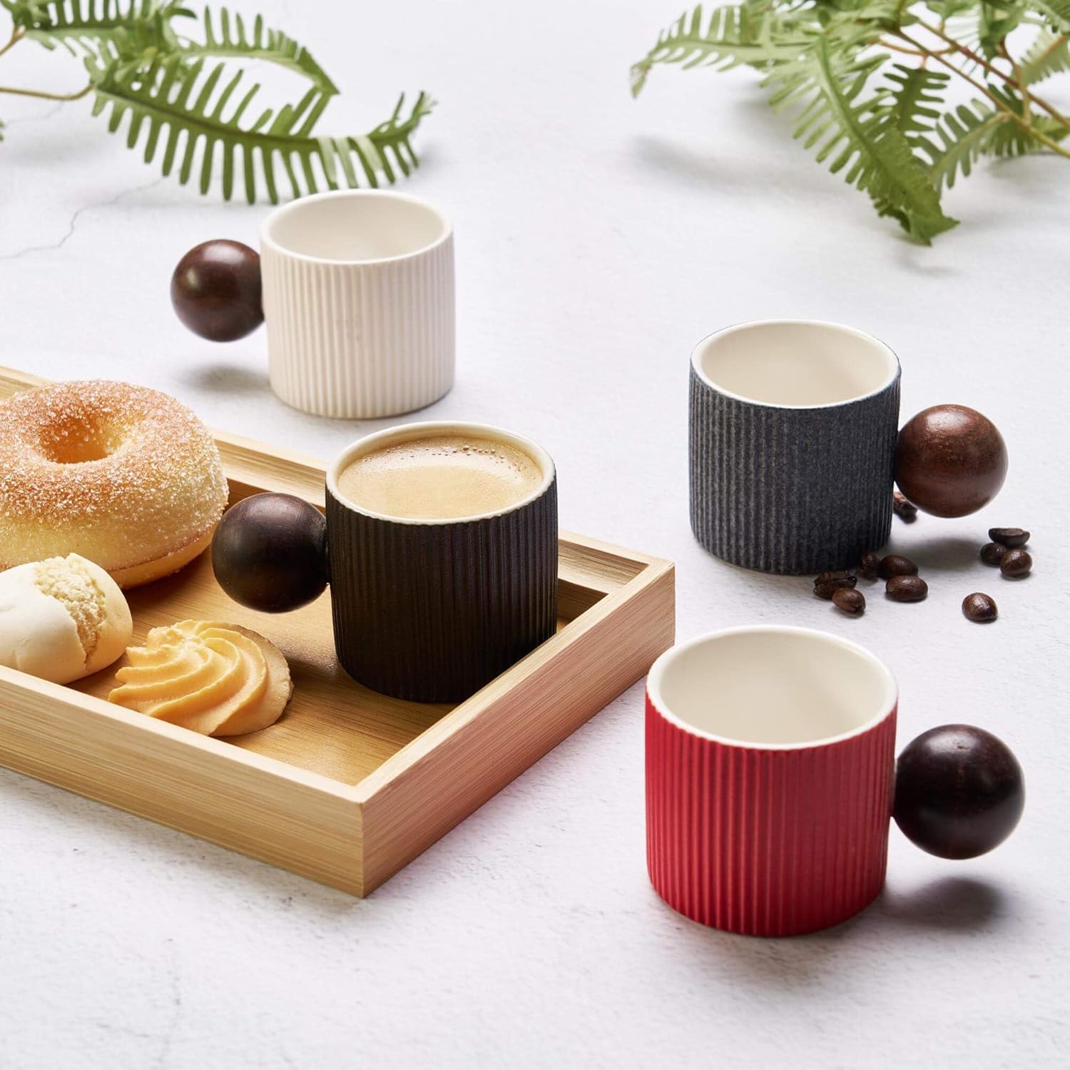 Ceramic Mini Espresso Cups Demitasse Cups with Round Wooden Handle Vertical Stripes Tea Cups (white, 2pcs)