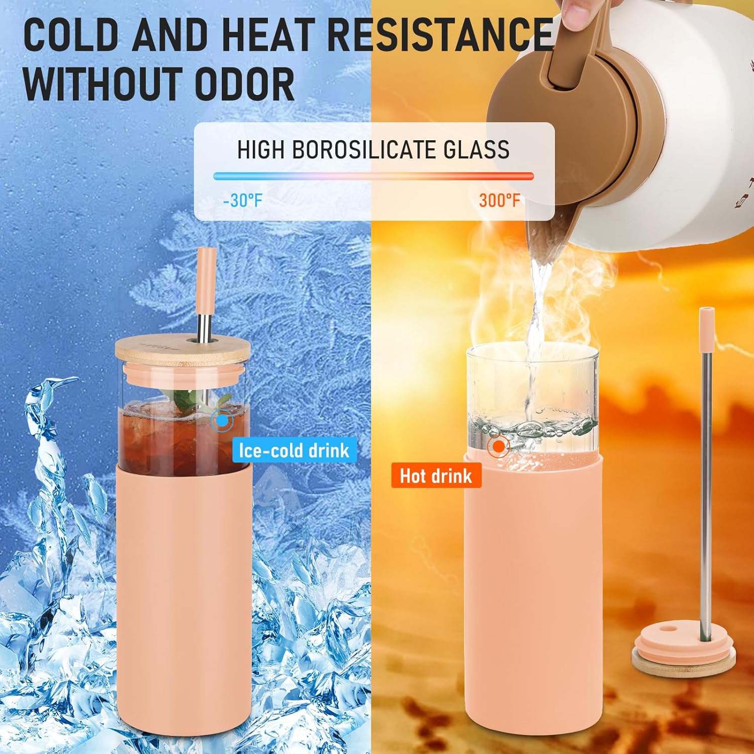 Glass Tumbler w/Lids & Straw - 24oz Reusable Glass Mug/Bamboo Lid & Stainless Steel Straw-BPA-Free,Leak-Proof,Dishwash Safe for Coffee/Smoothies/Hot Beverages, Travel/Office/Home Use,2-pk,Amber