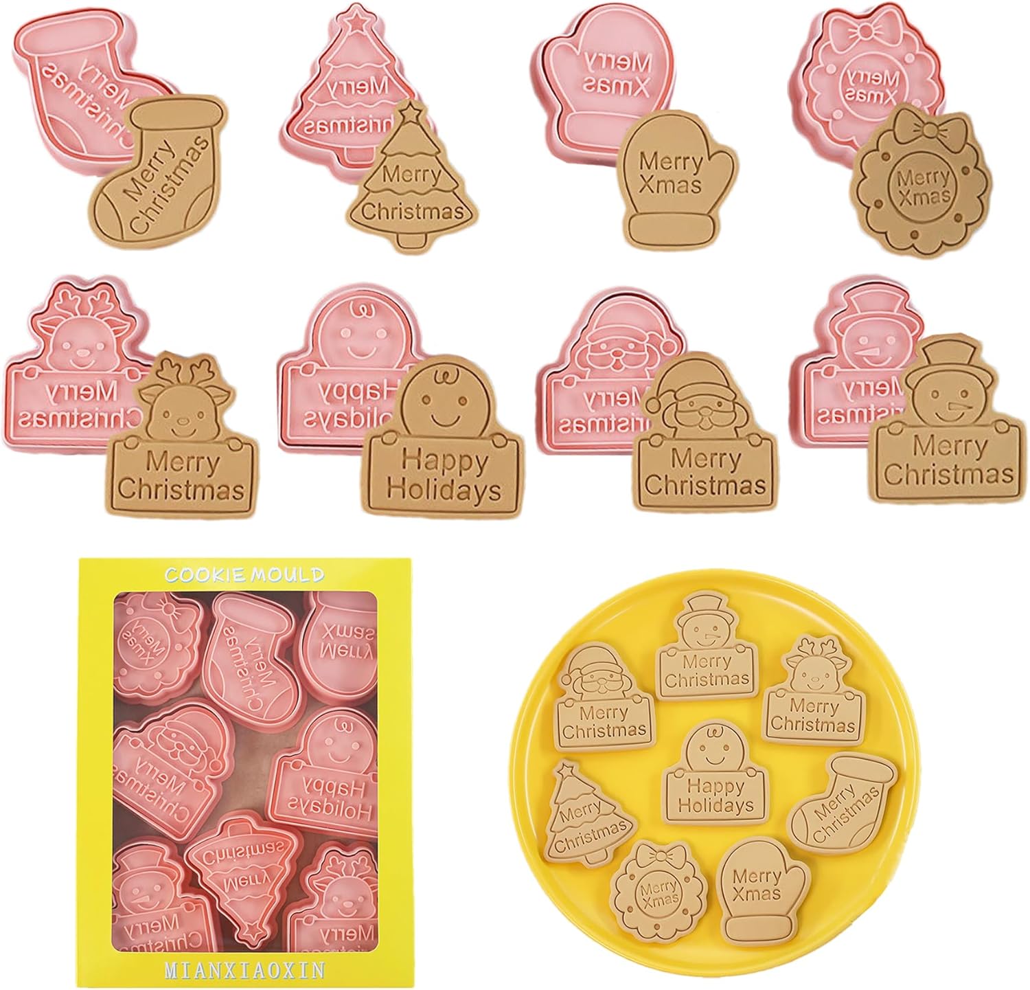 8pcs Christmas Cookie Cutter Set Merry Christmas Cookie Cutters with Plunger Stamps Biscuit Mold 3D Snowman Cookie Molds Cake Baking Fondant Cutter Christmas Party DIY Cookie Decorating Supplies (L8)