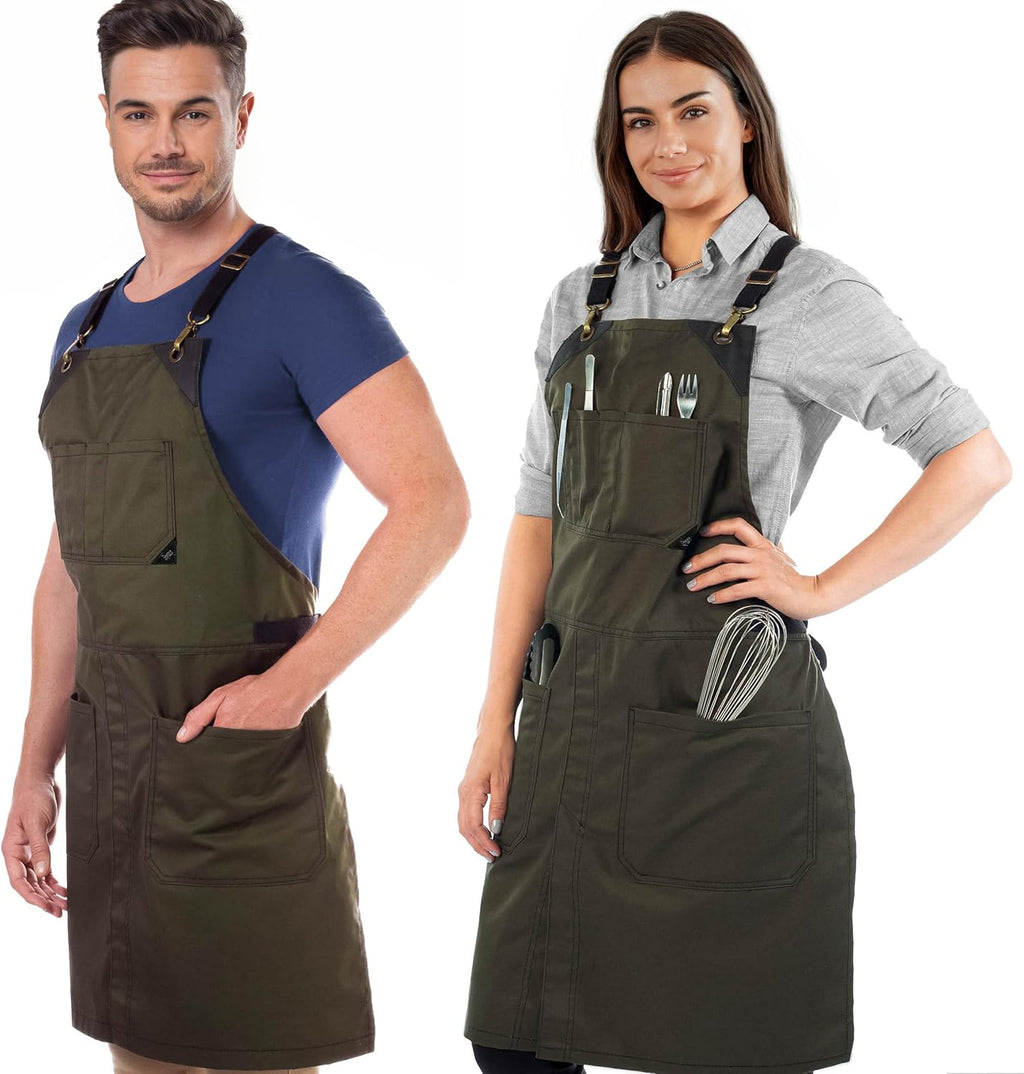 Under NY Sky Cross-Back Moss Green Apron – Durable Twill with Leather Reinforcement and Split-Leg – Adjustable for Men and Women – Pro Chef, Tattoo, Baker, Barista, Bartender, Stylist, Server Aprons