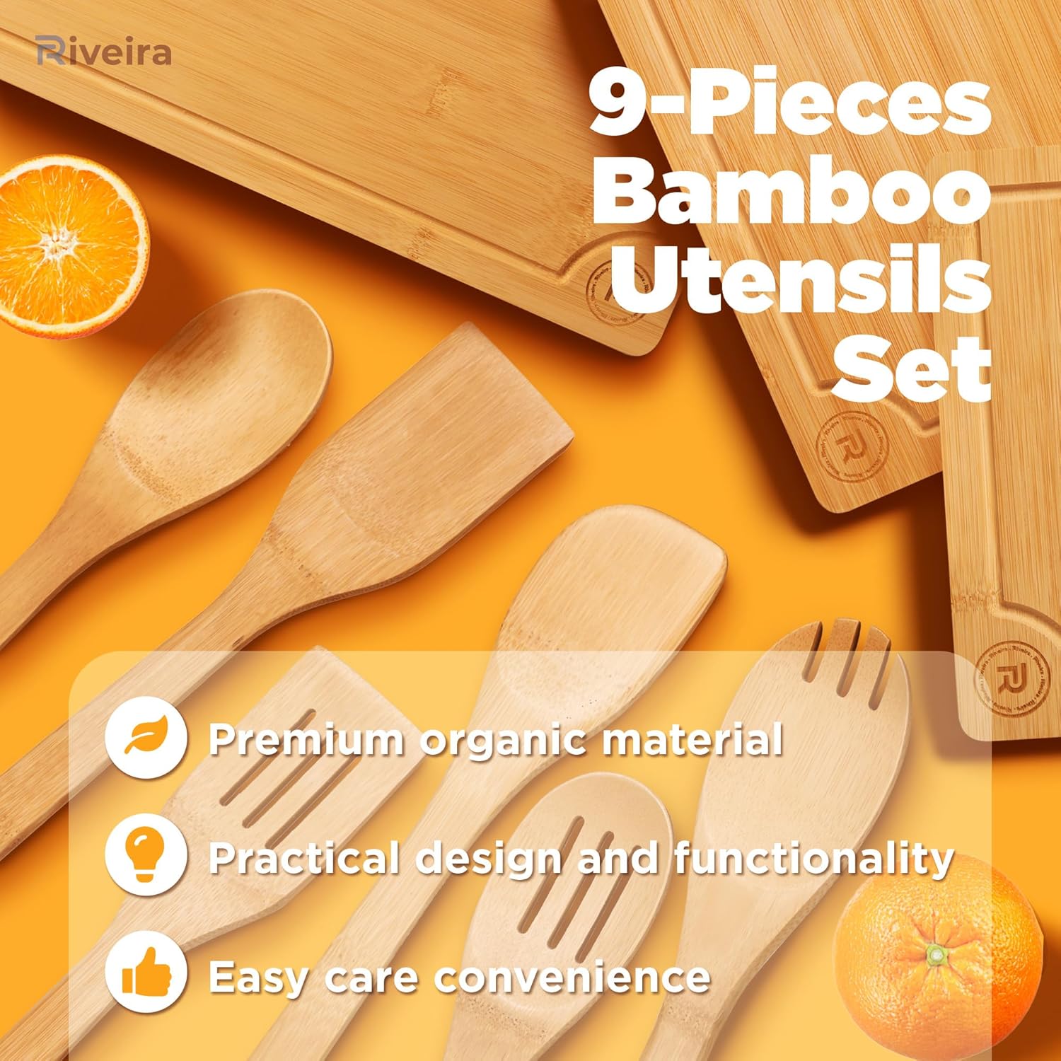 Riveira Bamboo Cutting Boards For Kitchen with Wooden Spoons For Cooking – Set of 3 Pcs Wooden Cutting Board & 6 Bamboo Spoons – Wooden Cutting Boards For Kitchen – Complete Wooden Cooking Utensils