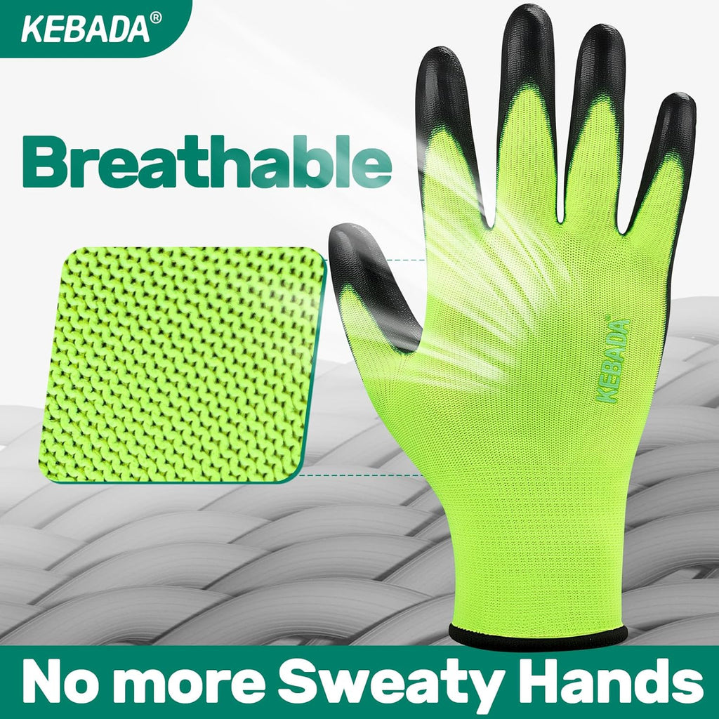 Kebada W1 Work Gloves for Men and Women, PU Coated Safety Gloves with Grip, Touchscreen, Ideal for Warehouse Package Handling, Construction, Gardening, Green X-Large