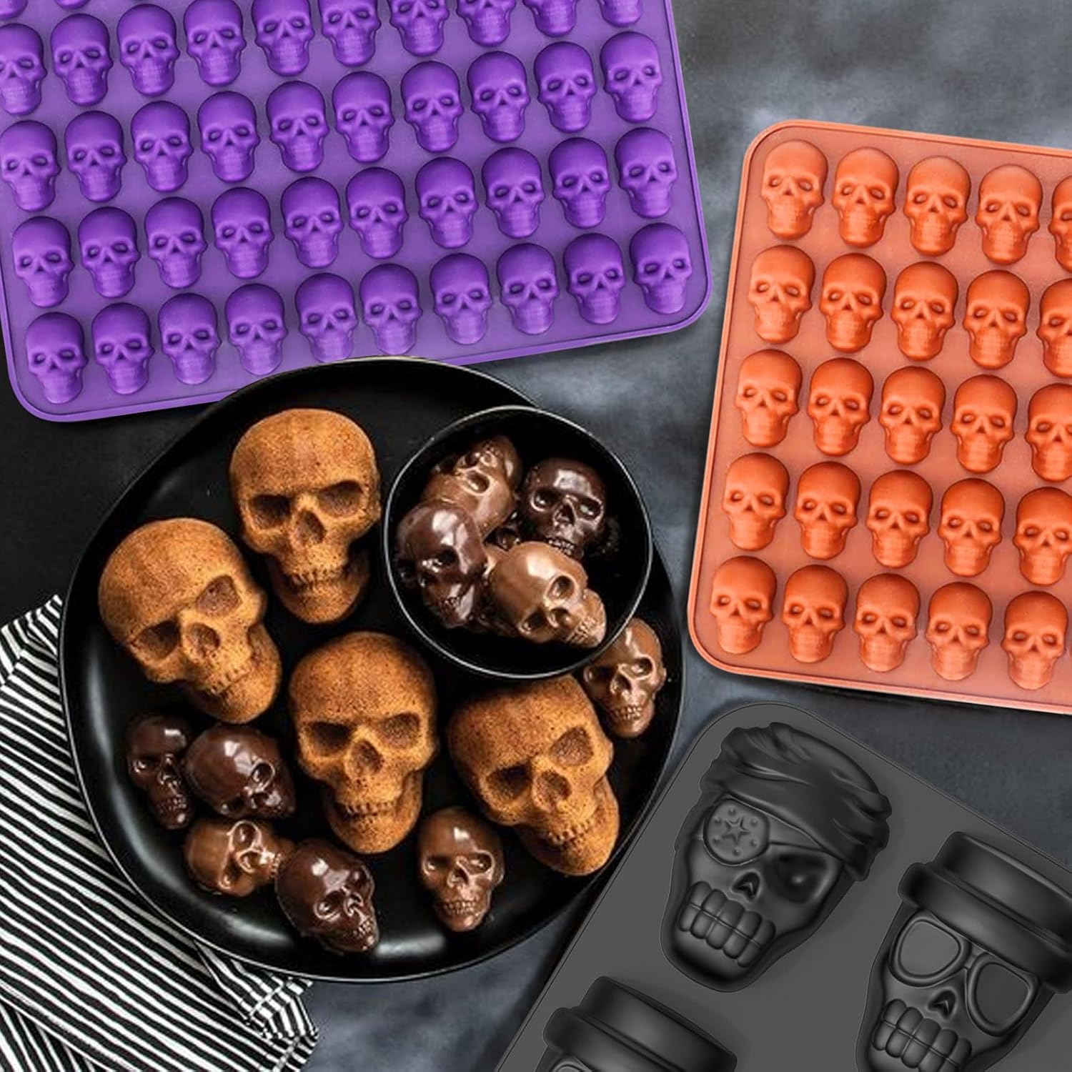 Mini Skull Molds Silicone Halloween for Candy Gummy Chocolate, 200 Cavity 4 pcs Small Head Shapes Freezing Tray Party Wax Melts DIY Moulds BPA Free Treat or Trick Kids Oven Safe