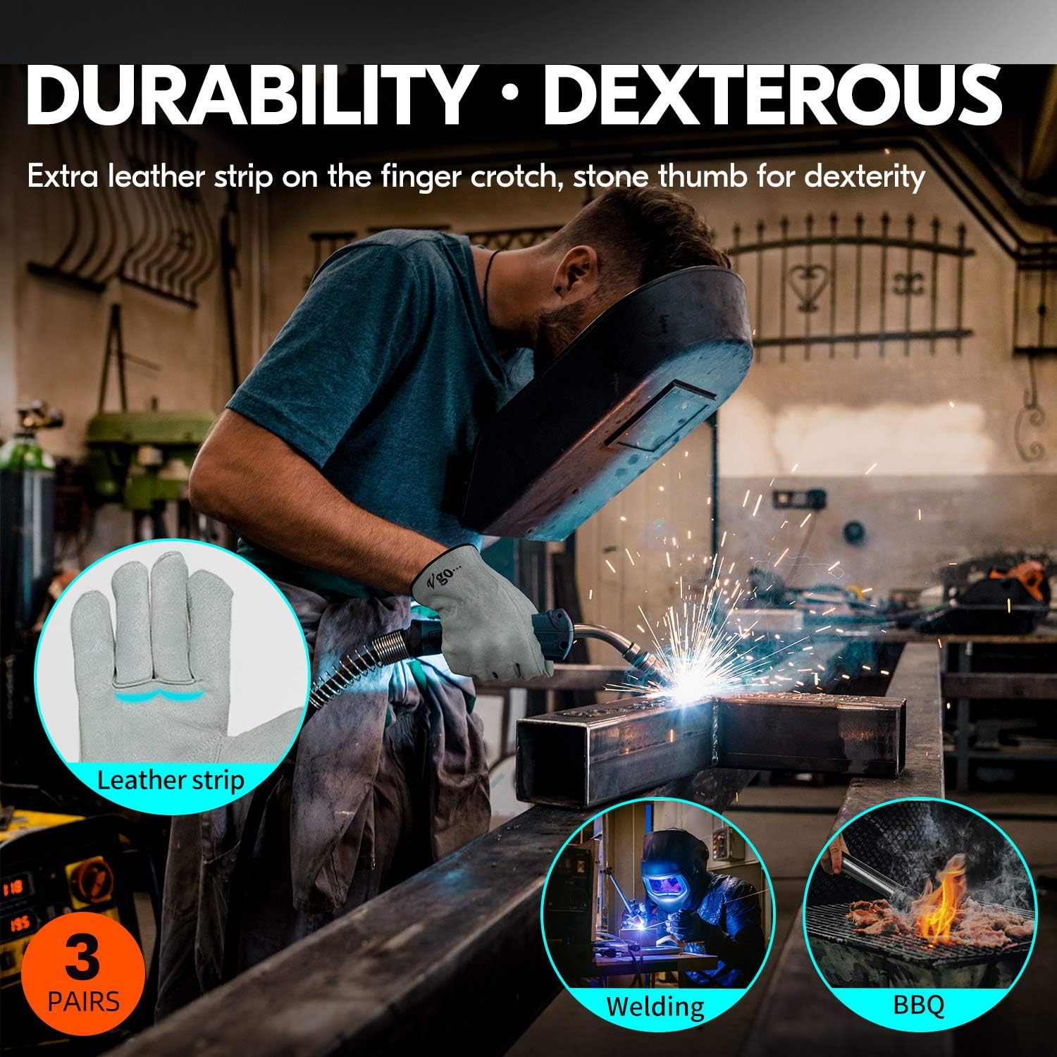 Vgo... 3-Pairs Unlined Cowhide Split Leather Work and Driver Gloves, for Heavy Duty, Truck Driving, Warehouse, Gardening, Farm (Size XL, White, CB9501)