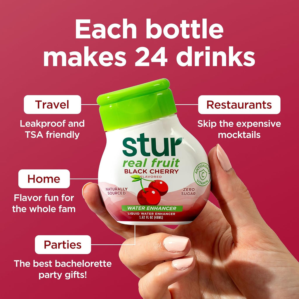 Stur Liquid Water Enhancer | Black Cherry | Naturally Sweetened | High in Vitamin C & Antioxidants | Sugar Free | Zero Calories | Keto | Vegan | 5 Bottles, Makes 120 Drinks